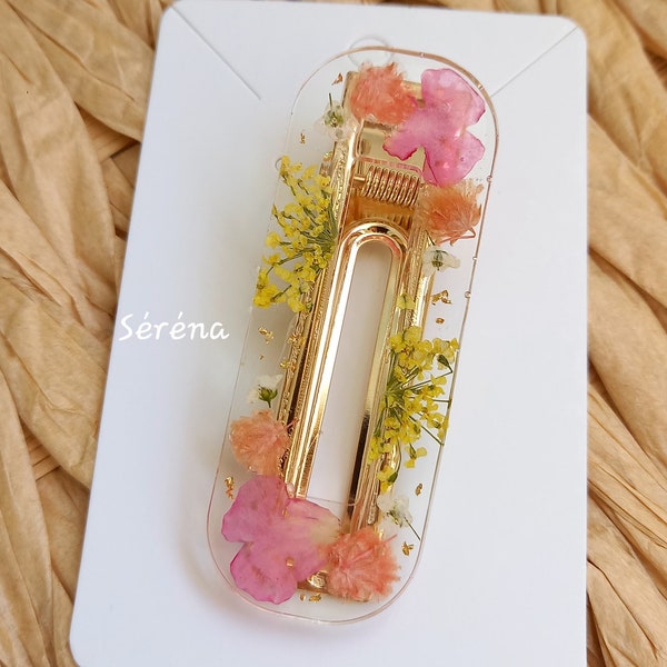 Barrette résine et vraies fleurs séchées, accessoire résine, bohème et chic