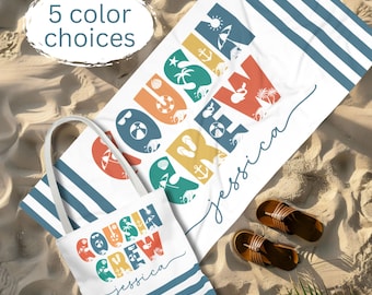 Personalized Cousin Crew Beach Towel, Custom Name Pool Bath Towel, Cousin Vacation  Trip Gift, Cousin Striped Towel, Cousin Crew Tote Bag