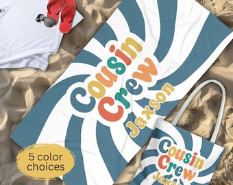 Personalized Cousin Crew Beach Towel, Custom Grandkids Groovy Names Pool Bath Towel, Matching Cousin Gift From Grandma, Cousin Cruise Trip