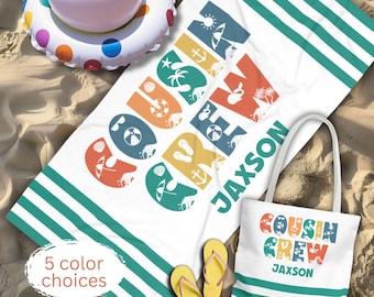 Personalized Cousin Crew Beach Towel, Custom Name Pool Bath Towel, Cousin Vacation  Trip Gift, Cousin Striped Towel, Cousin Crew Tote Bag