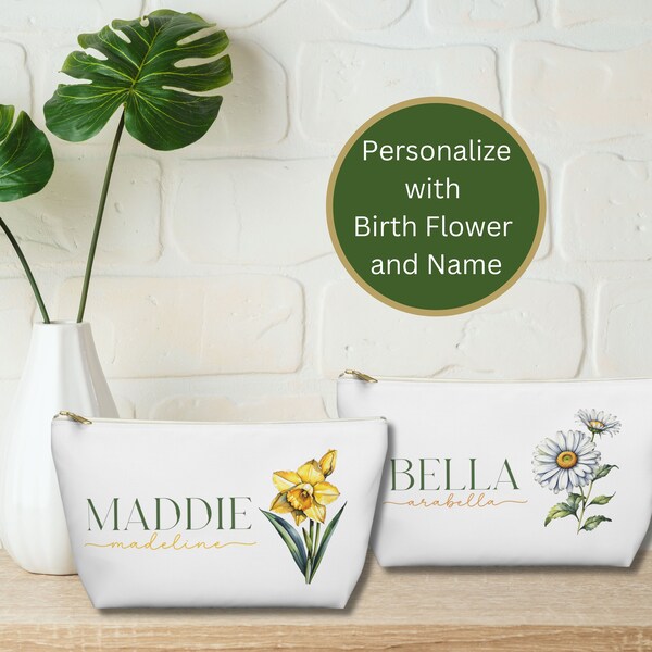 Personalized Birth Flower Accessory Pouch, Custom Floral Travel Makeup Cosmetic Bag, Gift For Her Daughter Birthday Graduation Anniversary