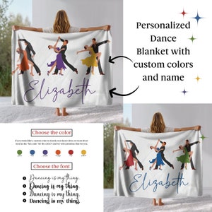 May include: Personalized dance blanket with custom colors and the name Elizabeth. The blanket features a design of four couples dancing. The blanket is white with a purple font for the name and a choice of colors for the dancers.
