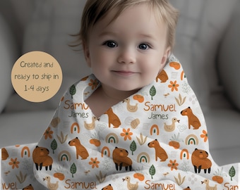 Personalized Capybara Baby Name Blanket, Custom Kids Capybara Animal Blanket, Personalized Boho Baby Throw, Personalized Baby Shower Gift