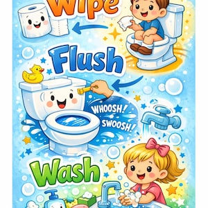 以下が含まれることがあります： バスルームの衛生状態を示すカラフルなイラスト。画像には、拭く、流す、洗うという手順が示されており、漫画の子供とバスルームの備品が描かれています。テキストには、青い背景に「Wipe」、「Flush」、「Wash」、「Scrub-a-dub！」が含まれています。