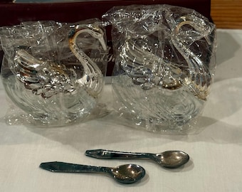 Vintage Regal Silver Swan Salt and Pepper Cellars with Spoons - Made in Italy - Silverplated & Crystal Glass Open Salts - Original Box