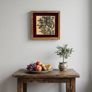 Vintage 1980s Israeli Olive Wood Jerusalem Ceramic Tile Wall Clock