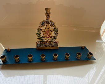 Vintage Israeli Brass Hanukkah Menorah Blue Enamel Star of David Mid Century Israeli Hanukkiah Judaica Collectible