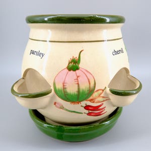 May include: A cream-coloured ceramic herb planter with a dark green rim and matching saucer. The pot features two side pockets, illustrations of a pink onion and red chilli peppers, and the printed text labels parsley and chervil on the front.