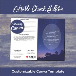 May include: An editable church bulletin template featuring a dark blue night sky background with a silhouette of trees. The layout includes sections for sermon notes, paragraph titles, contact information, office hours, and a quote from Psalm 8:3-4.