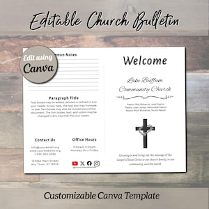 May include: A customizable Canva template for a church bulletin. The design features the text "Editable Church Bulletin" and "Welcome" along with contact information, office hours, and social media icons. The template includes a cross graphic.