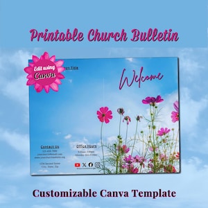 Spring Sky & Flowers Church Bulletin: Canva Template, 11x8.5 Bifold (Digital Download)