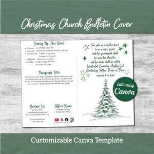 May include: A customizable Christmas church bulletin template featuring a green sketch of a pine tree and stars. The text includes Coming Up This Week, Isaiah 9:6 ESV scripture, contact details, and a circular Edit using Canva badge on a white background.