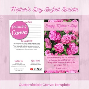 May include: A pink Mother's Day bi-fold bulletin template. The design includes text fields for sermon notes, a paragraph title, and contact information. The right side features a floral design and the text "Happy Mother's Day."
