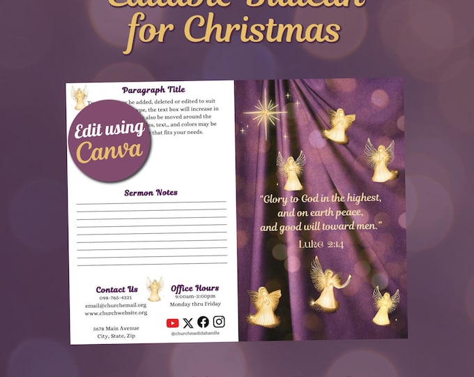 Featured listing image: Christmas Peace Bulletin or Christmas Program Template: Customizable Canva Design (11x8.5 Bifold Digital Download)