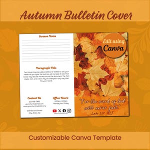 May include: An autumn bulletin cover template featuring a white section with lines for sermon notes, contact information, and office hours, alongside a section with orange and brown fallen leaves and the text "For the word of God will never fail."