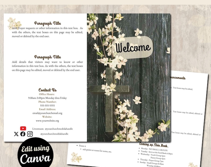 Featured listing image: Customizable Floral Cross Church Bulletin | Instant Download Canva Template | 11"x8.5" Bi-fold | Easy to Edit, Print, Email and/or Post
