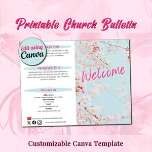 Cherry Blossom Church Bulletin Template: Bi-Fold Landscape (Canva, Digital Download)