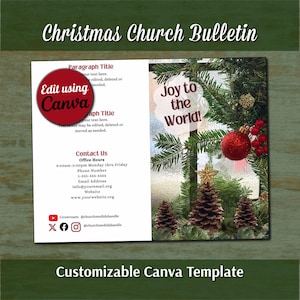 May include: A Christmas church bulletin template featuring a white left panel with placeholder text, contact information, and social media icons, and a right panel showing a festive scene with pine branches, red ornaments, and pinecones.