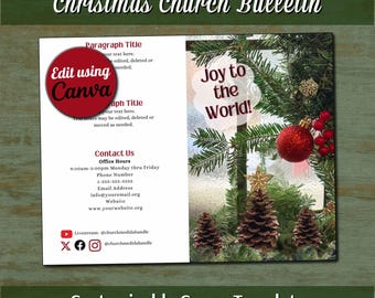 Könnte beinhalten: Eine Weihnachtskirchenbulletin-Vorlage mit einem weißen linken Bereich für Platzhaltertext, Kontaktinformationen und Social-Media-Symbolen sowie einem rechten Bereich, der eine festliche Szene mit Tannenzweigen, roten Ornamenten und Tannenzapfen zeigt.