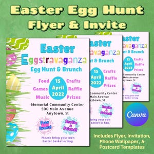 Flyer, invitation et carte postale personnalisables de chasse aux œufs de Pâques | Modèles de toile pour une église, une école ou un événement professionnel | Facile à modifier et à imprimer