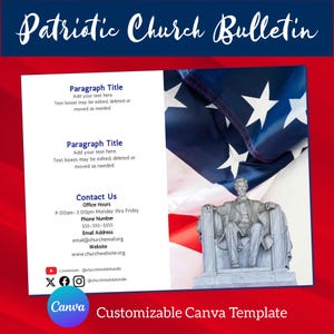 Customizable Patriotic Church Bulletin | Instant Download Canva Template | 11&quot; x 8.5&quot; Bi-Fold | Easy to Edit, Print, & Publish