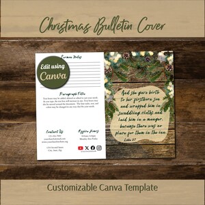 May include: A customizable Christmas bulletin cover template featuring a rustic wood background, pine branches, and pinecones. The right side displays the Bible verse Luke 2:7, while the left side includes sections for sermon notes, contact information, and social media icons.