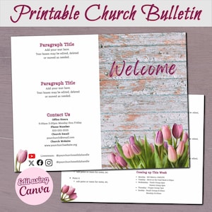 Bollettino della chiesa personalizzabile con tulipani primaverili / Modello Canva con download immediato / Pieghevole 11x8,5" / Facile da modificare, stampare e condividere