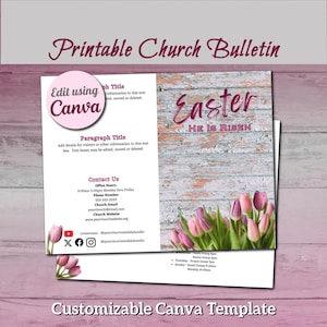 Könnte beinhalten: Eine druckbare Kirchenbulletin-Vorlage mit den Worten "Printable Church Bulletin" oben. Das Design enthält das Wort "Easter" und "He is Risen" mit rosa und lila Tulpen. Die Vorlage ist mit Canva anpassbar.