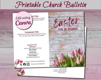 Easter/Spring Tulips Church Bulletin Template: Customizable Canva Design (11x8.5 Bifold Digital Download)