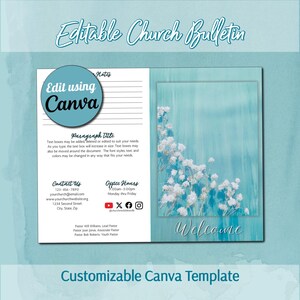 May include: An editable church bulletin template featuring a teal background with white floral accents. The document includes sections for notes, paragraph titles, contact information, office hours, and social media icons, with the text Welcome.