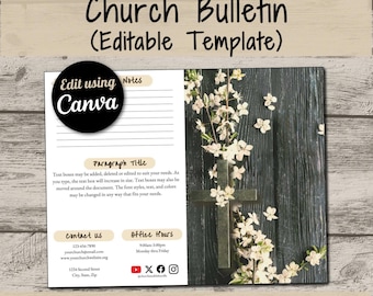 Floral Cross Church Bulletin Template: Customizable Canva Design (11x8.5 Bifold)