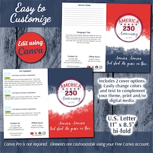 May include: A bi-fold brochure template for an America 250 Anniversary event, measuring 11 inches by 8.5 inches. The design features red, white, and blue watercolor textures, a circular logo with stars, and text including America 250 Anniversary est. 1776.