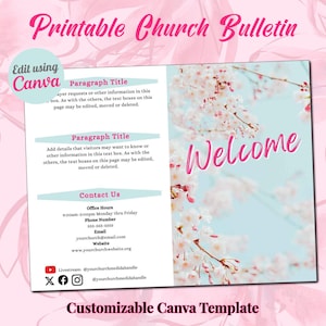 Customizable Cherry Blossom Church Bulletin | Instant Download Canva Template | 11x8.5&quot; Bi-Fold Landscape Orientation | Easy to Edit & Print