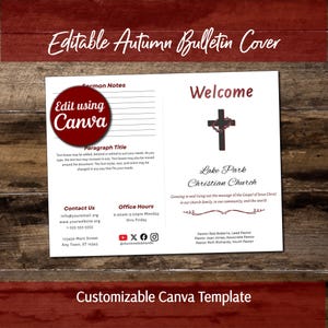 Könnte beinhalten: Eine bearbeitbare Vorlage für ein Kirchenbulletin mit einem dunklen Kreuz mit Dornenkrone, dem Text Welcome, Lake Park Christian Church sowie Abschnitten für Predigtnotizen, Kontaktinformationen, Bürozeiten und Social-Media-Icons.