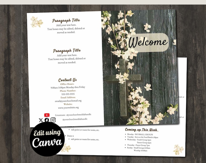 Featured listing image: Floral Cross Church Bulletin Template: Customizable Canva Design (11x8.5 Bifold)