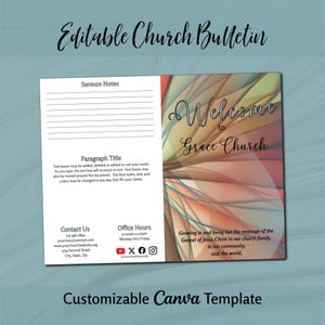 May include: An editable church bulletin template featuring a white left panel with lines for sermon notes, contact information, and office hours. The right panel displays an abstract orange and teal wave design with the text Welcome to Grace Church.