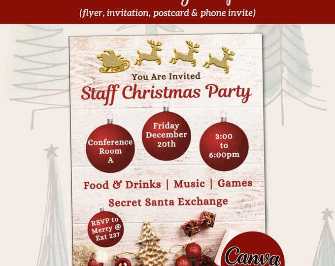 Featured listing image: Christmas Party Flyer, Invitation, Postcard, & Phone Invite Templates for Church or School (Digital Canva Download)