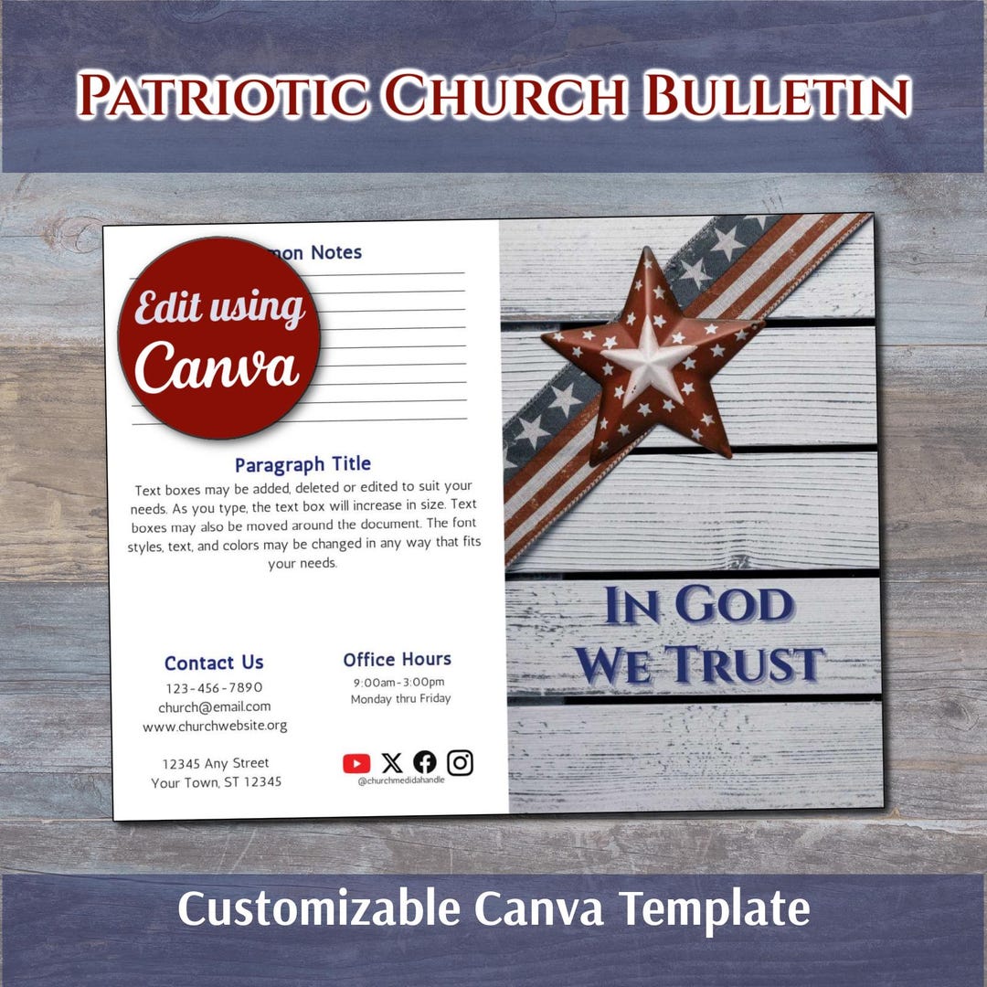 Independence Day in God We Trust Church Bulletin Template Customizable