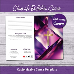 May include: A church bulletin cover template featuring a purple geometric background with a gold cross. The layout includes sections for sermon notes, paragraph titles, contact information, and office hours, with a circular badge stating Edit using Canva.