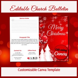 May include: An editable church bulletin template featuring a red background with white snowflakes, red Christmas ornaments, and white stylized trees. The text includes "Editable Church Bulletin," "Merry Christmas," "Sermon Notes," and "Edit using Canva."