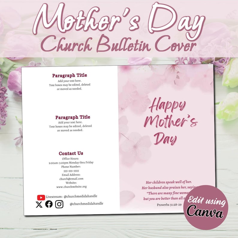 Customizable Mother's Day Bulletin | Instant Download Canva Template ...