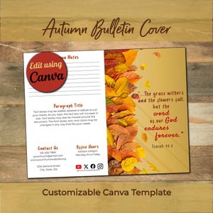 Könnte beinhalten: Eine anpassbare Vorlage für ein Bulletin-Cover mit einem roten runden Abzeichen mit dem Text Edit using Canva. Das Design enthält einen weißen Bereich für Notizen und Kontaktdaten sowie einen goldenen Bereich mit Herbstblättern und Text.