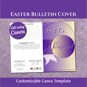 Easter He Is Risen Church Bulletin Cover: Bi-Fold Canva Template (Instant Download)