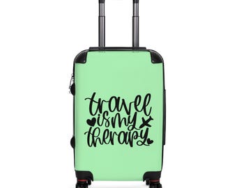Travel Is My Therapy Suitcase | Mint Roller Luggage with Script Quote