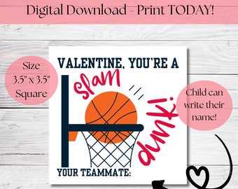 Printable Valentine Card, Basketball Valentine Card, Printable ...