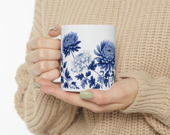 Chinoiserie Flower Mums Cup, Chinese Chrysanthemums Mug, Mums Chrysanthemums Coffee and Tea Ceramic Mug, 11oz