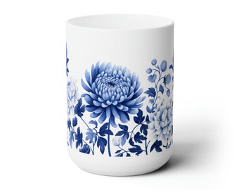 Chinoiserie Flower Mums Cup, Chinese Chrysanthemums Mug, Mums Chrysanthemums Coffee and Tea Ceramic Mug 15oz