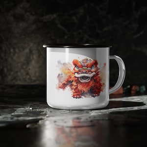 Chinese Lion Dance Mug, Lucky Chinese Lion Mug, Lunar New Year Lion Dance Cup, Chinese New Year Lion Tea and Coffee Enamel Camp Cup