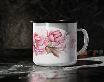 Peony Mug, Pink Peony Cup, Peony Flower Coffee and Tea Cup, Peonies Enamel Camp Cup