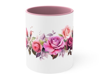 Rose Mug, Bouquet of Roses Cup, Pink Roses Coffee and Tea Cup, Rose Bush Accent Coffee Mug, 11oz